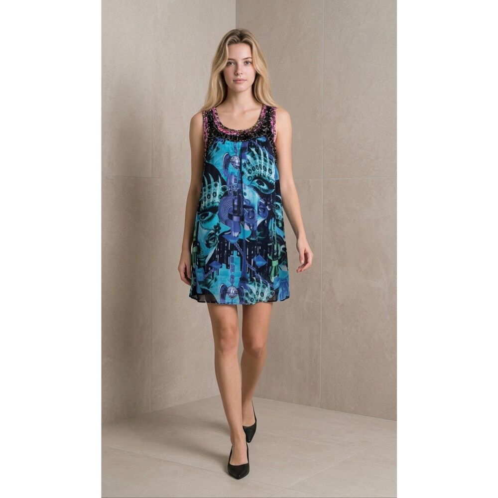 Custo Barcelona Silk Blend Beaded Tunic Dress Abstract Print Blue Size 36 XS (08